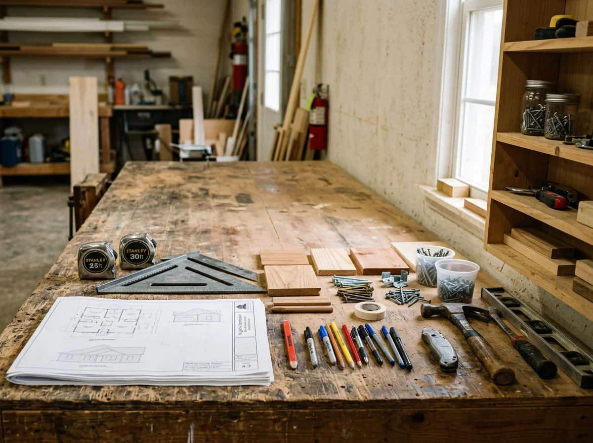 Construction tools and materials organized on a work surface, representing the trades and craftsmanship of Kingdom Construction.