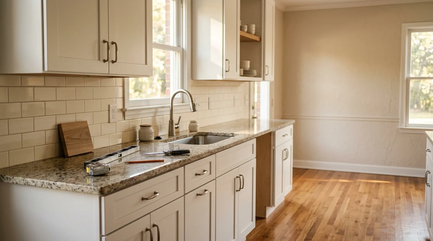 Modern kitchen with custom cabinets and new flooring installation