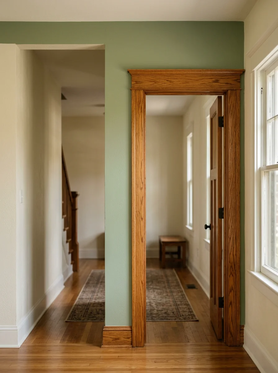 Custom trim work and fresh interior paint in a renovated Craftsman bungalow in Jackson, TN's Bemis Historic District.