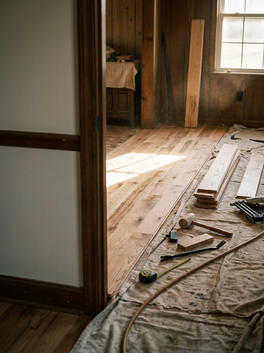New flooring installation in progress inside an older wood-frame home in a rural McNairy County community.