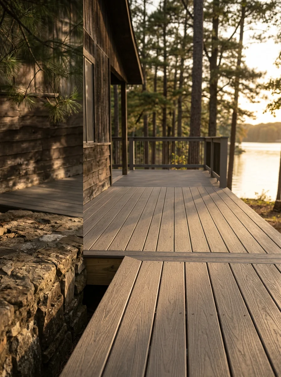 New composite deck boards being installed on a lake cabin near Pickwick Lake, TN, with water visible in the background.