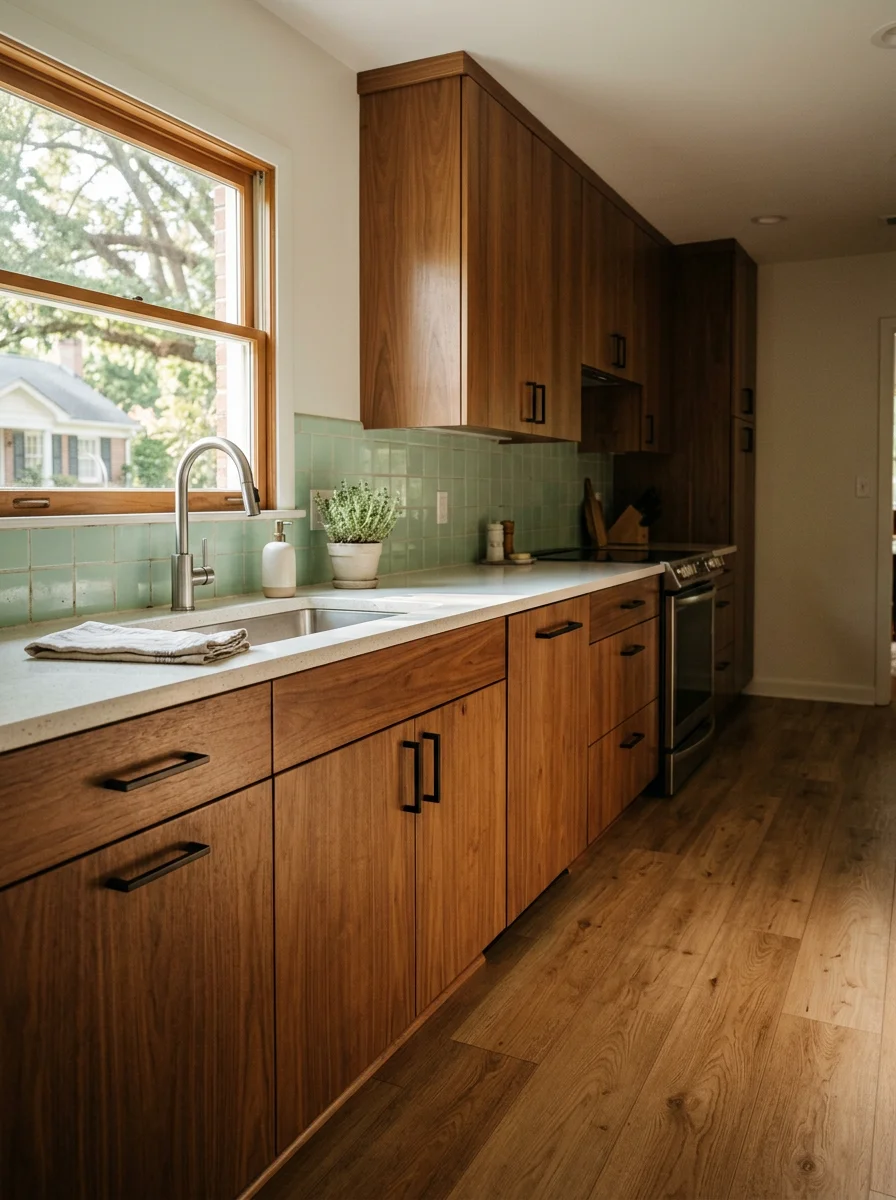 New cabinet installation and flooring in a renovated mid-century kitchen inside a Savannah, TN home.
