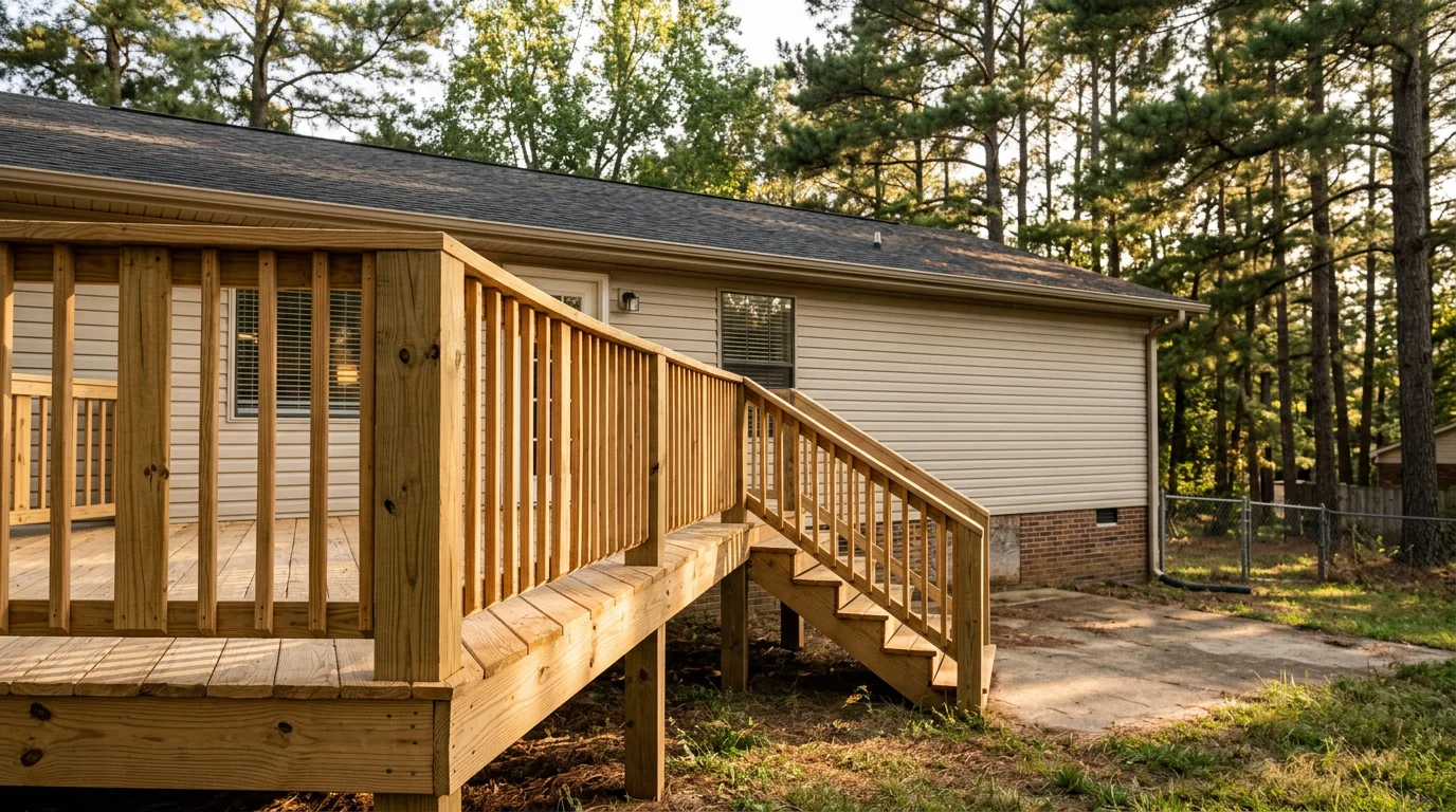 A newly built pressure-treated wood deck attached to a single-story home in Selmer, Tennessee, surrounded by mature pine trees.