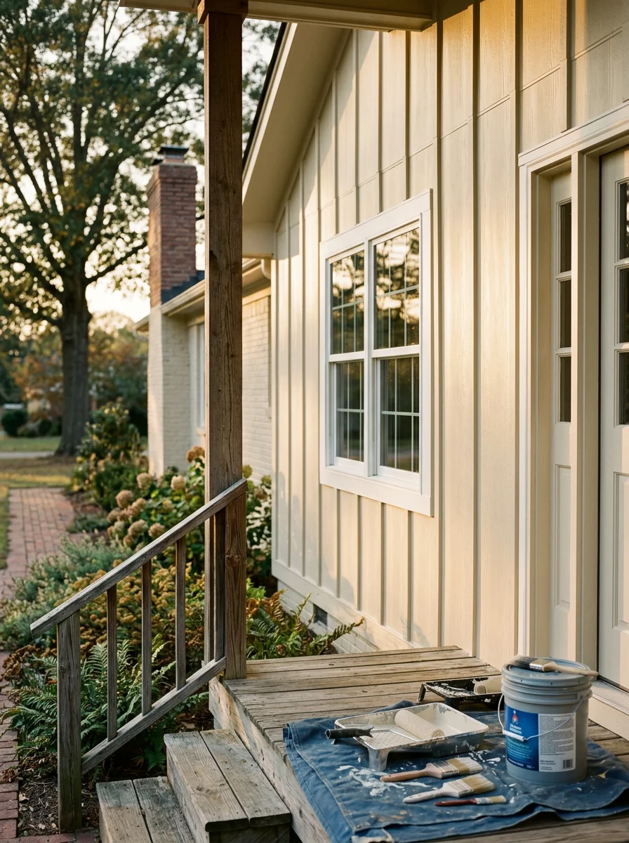 New fiber cement siding installation on a mid-century home in a small West Tennessee town, with fresh exterior paint being applied.