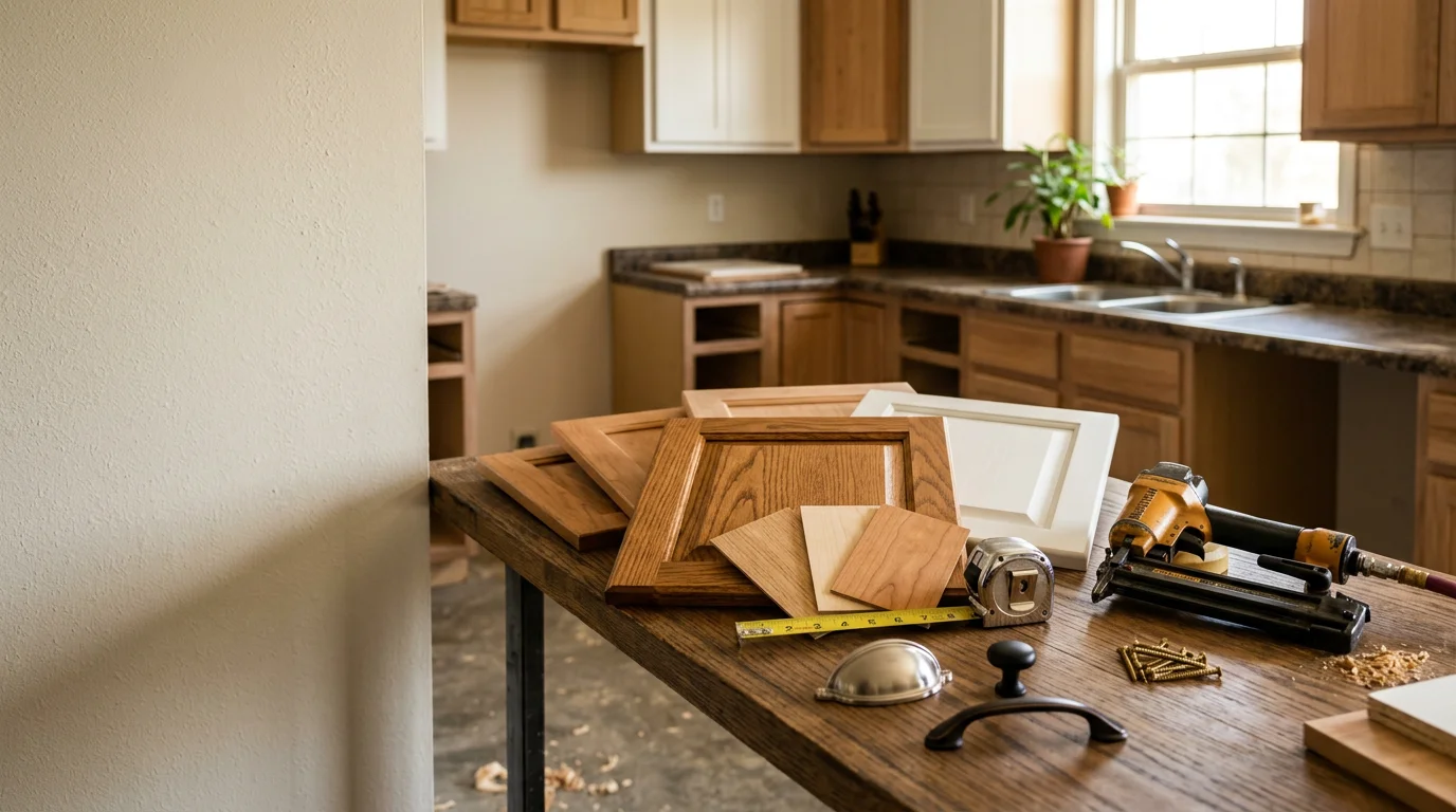 Refaced kitchen cabinets in a West Tennessee home showing new cabinet doors, updated drawer fronts, and fresh veneer applied to the cabinet frames. The kitchen retains its original layout while the surfaces have a clean, updated appearance.