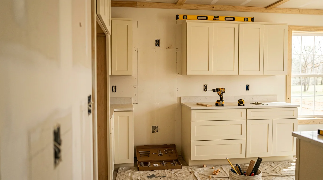 Newly installed custom wood cabinets filling a kitchen in a West Tennessee home, with doors aligned and upper cabinets fitted flush to the ceiling. The installation shows tight corner cabinet placement and consistent spacing typical of a Selmer-area kitchen remodel.