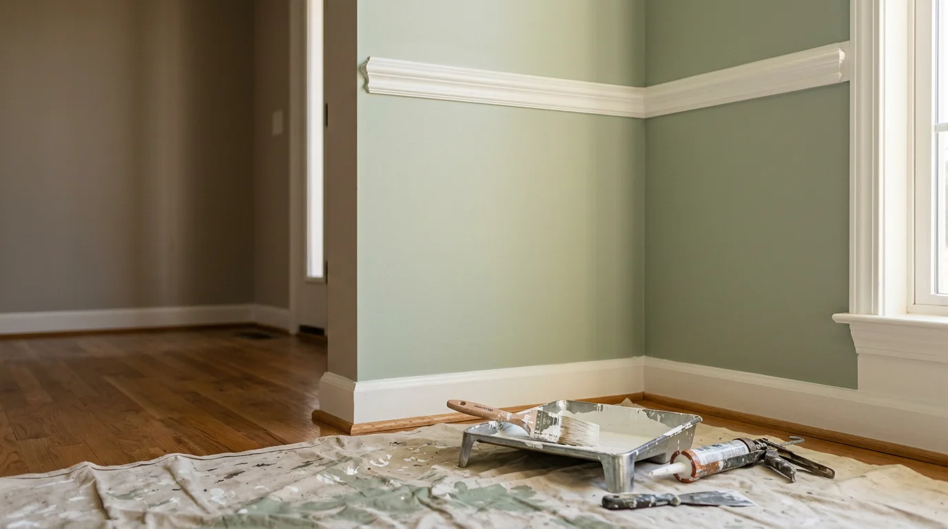 Freshly installed white crown molding and baseboards in a living room of a West Tennessee home near Selmer. Clean miter joints meet at the corners where the wall meets the ceiling, with painted trim sitting flush against smooth drywall.