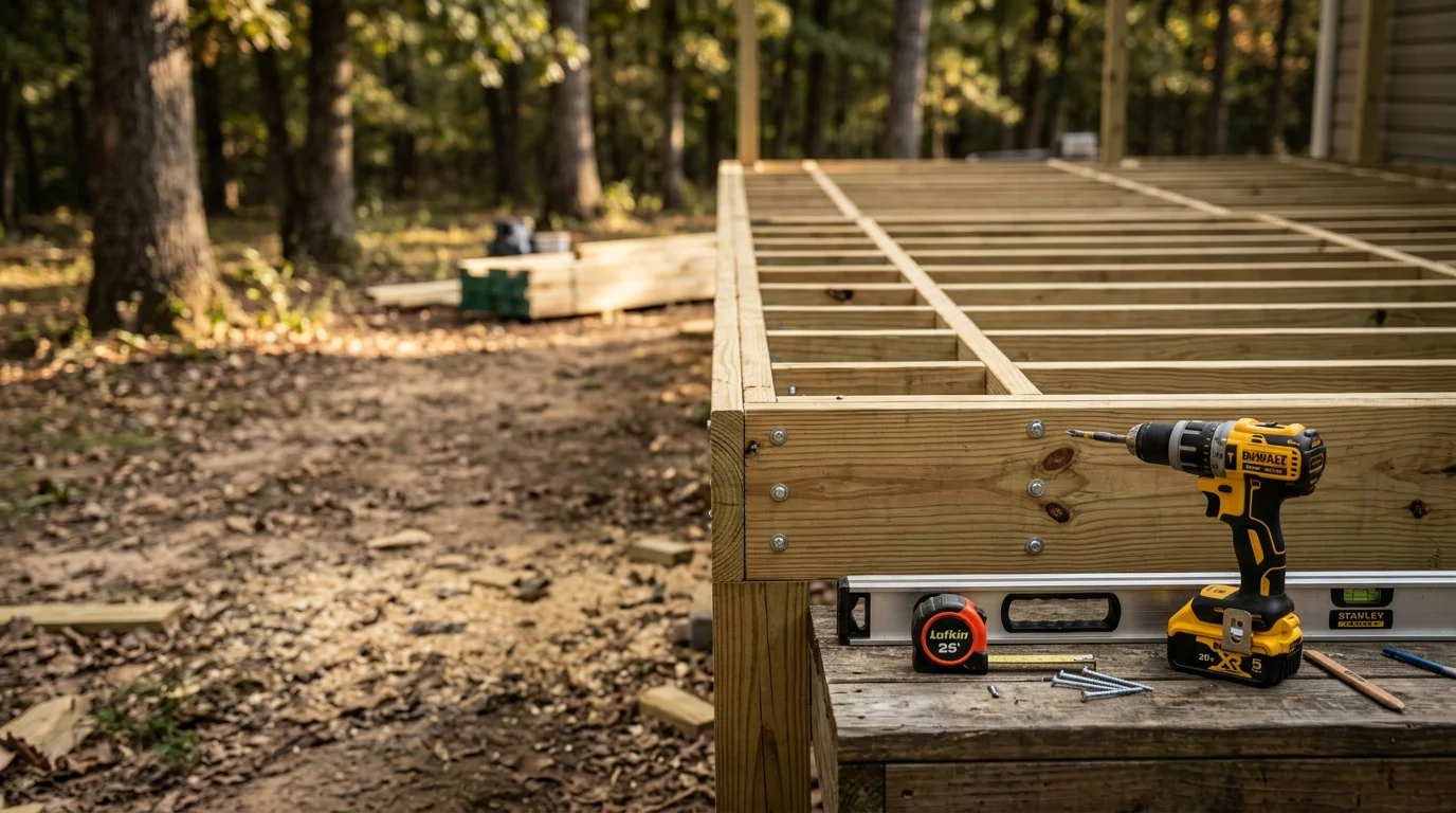 A newly built wood deck attached to the back of a residential home in Selmer, Tennessee. The deck features clean framing, level decking boards, and a railed perimeter suited to the West Tennessee climate.
