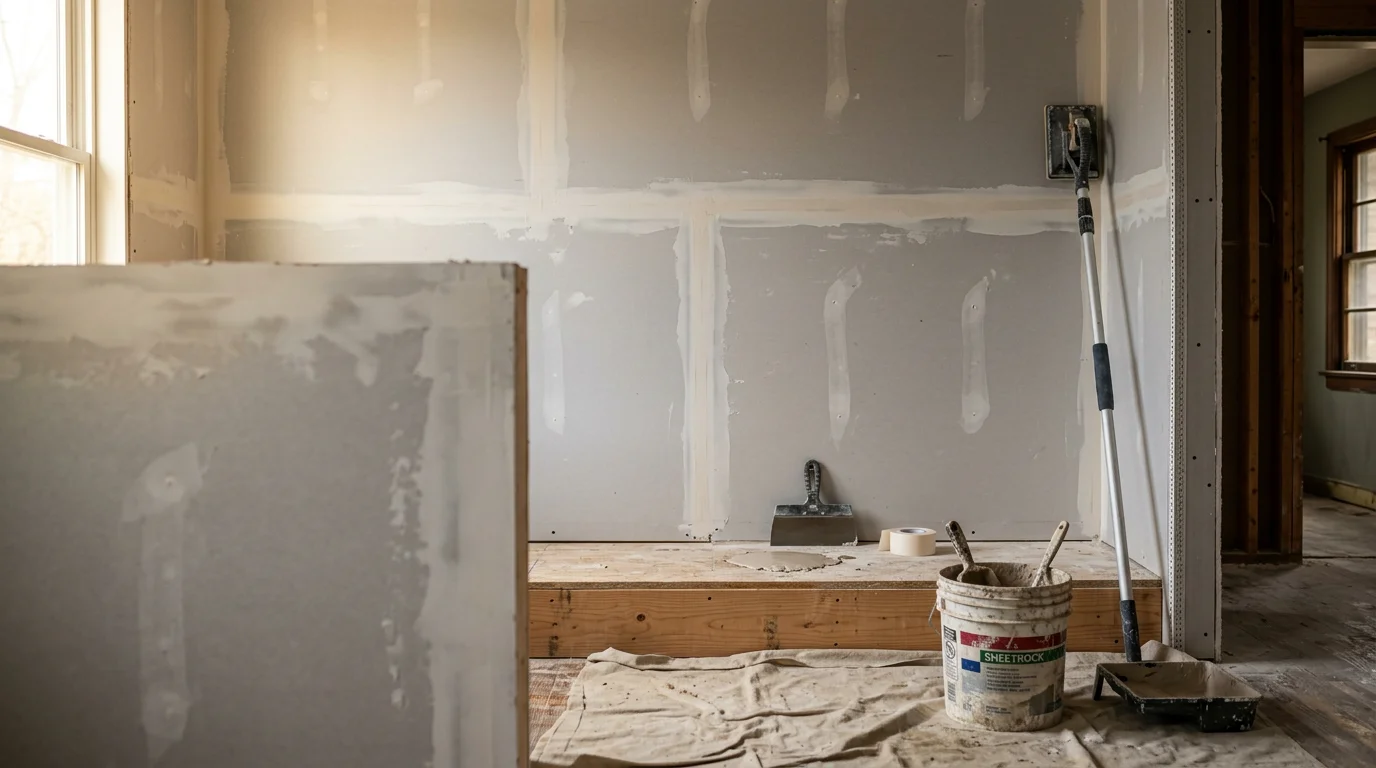 A freshly finished drywall wall inside a single-family home in Selmer, Tennessee, showing smooth, sanded surfaces with clean seams ready for paint. A corner joint and ceiling line are visible, both finished with even texture consistent throughout the room.