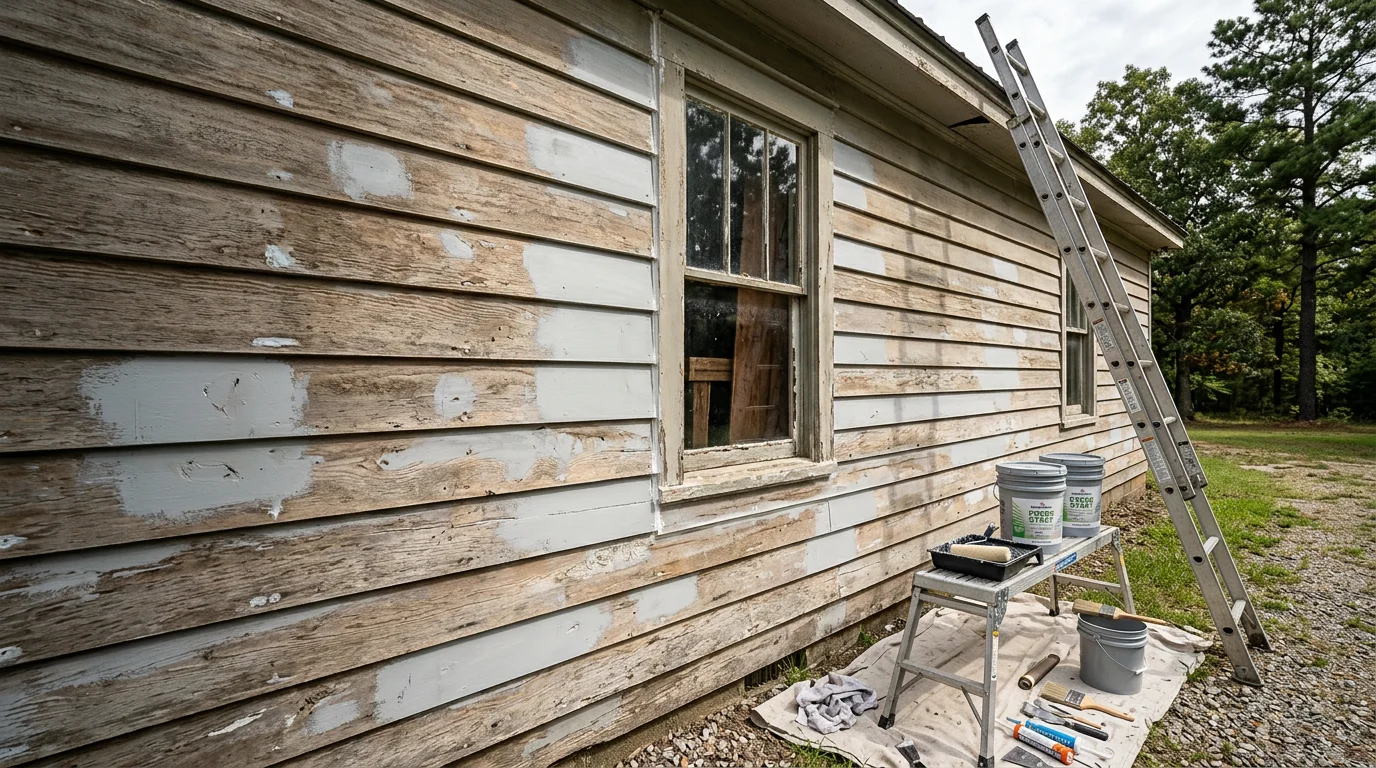 Freshly painted single-family home exterior in Selmer, Tennessee, with clean siding and painted trim showing a smooth, even finish. The home sits in a residential neighborhood typical of McNairy County, with a clear sky visible above.