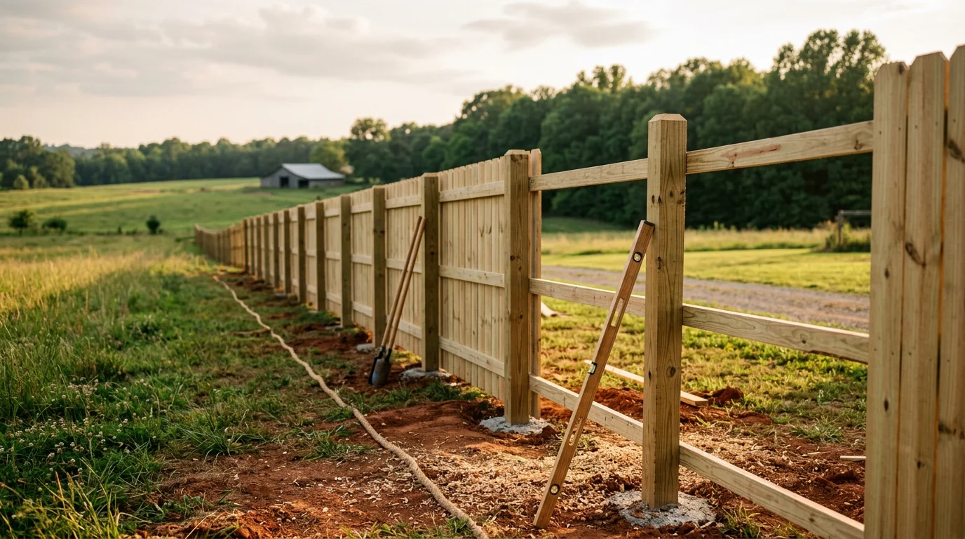 A newly installed wooden privacy fence along the back yard of a residential home in Selmer, Tennessee. The fence line runs straight across a grassy lot with a latched gate visible on one side.