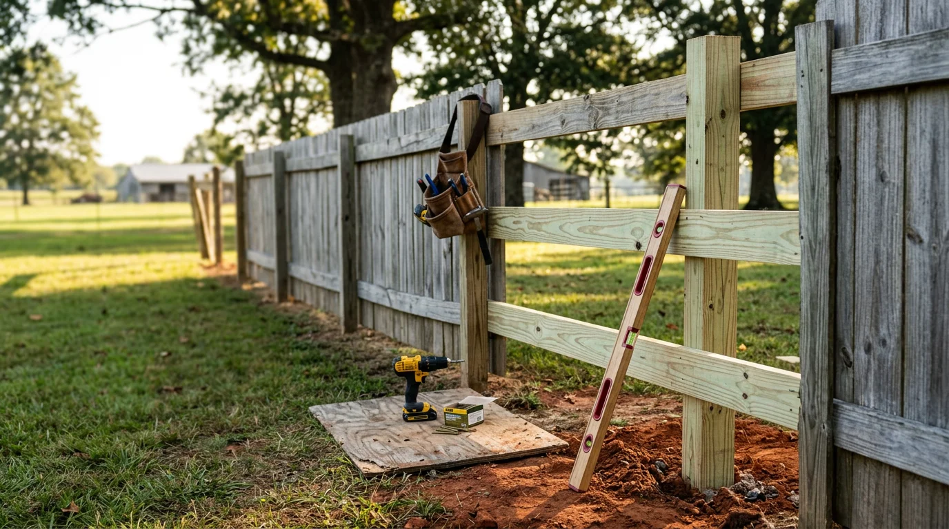 A repaired wooden fence with reset posts and replaced boards on a residential property in Selmer, Tennessee. The fence line runs along the edge of a yard with a securely latched gate visible in the foreground.