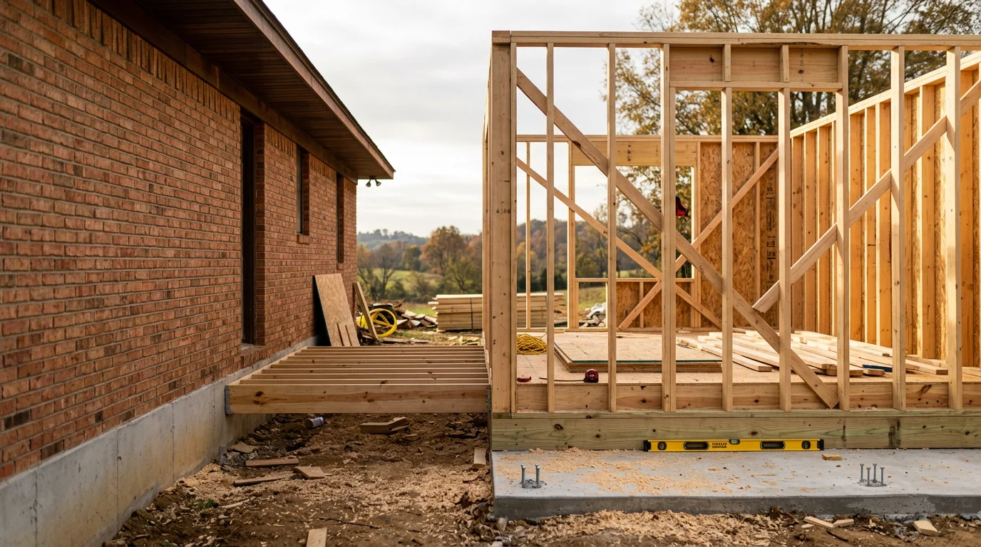 A newly completed home addition on a single-story residential property in Selmer, Tennessee, showing a seamless exterior connection between the original structure and the new room. The addition features matching siding and a continuous roofline typical of West Tennessee residential construction.
