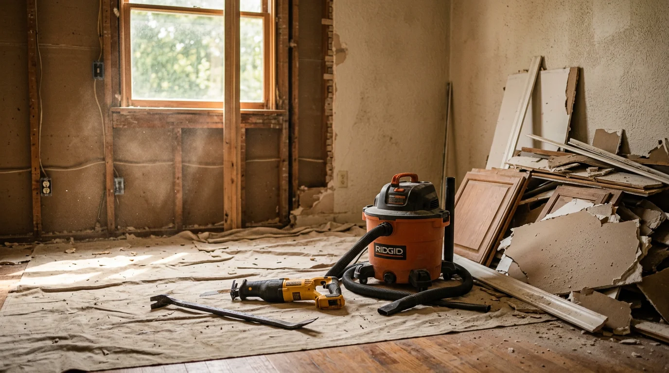 Interior demolition in progress inside a Selmer, Tennessee home, with walls stripped to the studs and old flooring removed in preparation for remodeling. The work area is cleared of debris and the adjacent rooms remain intact.