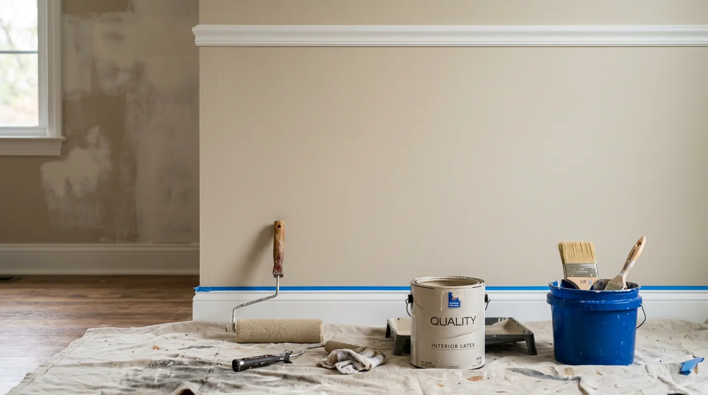 Freshly painted interior walls in a West Tennessee home near Selmer, with clean edges along ceiling trim and smooth coverage throughout the room. Kingdom Construction & Remodeling interior painting project in McNairy County.