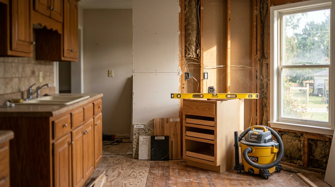 Remodeled kitchen in a West Tennessee home near Selmer, showing updated countertops, refreshed cabinetry, and an open layout. Kitchen remodeling work completed by Kingdom Construction and Remodeling serving McNairy County and surrounding areas.