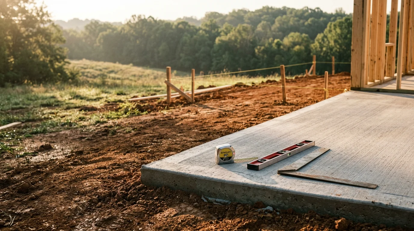A newly framed single-family home under construction on a rural lot in McNairy County, Tennessee, with exposed wood framing and open sky visible above the build site.