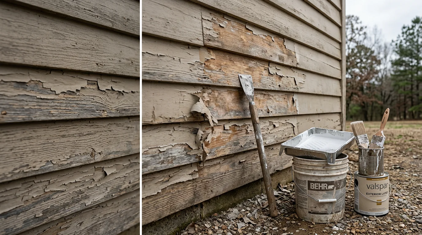 A repaired exterior wall on a West Tennessee home showing a smooth, even paint finish where peeling and bubbling paint has been removed and replaced. The repaired section blends cleanly with the surrounding surface on a residential property in the Selmer area.