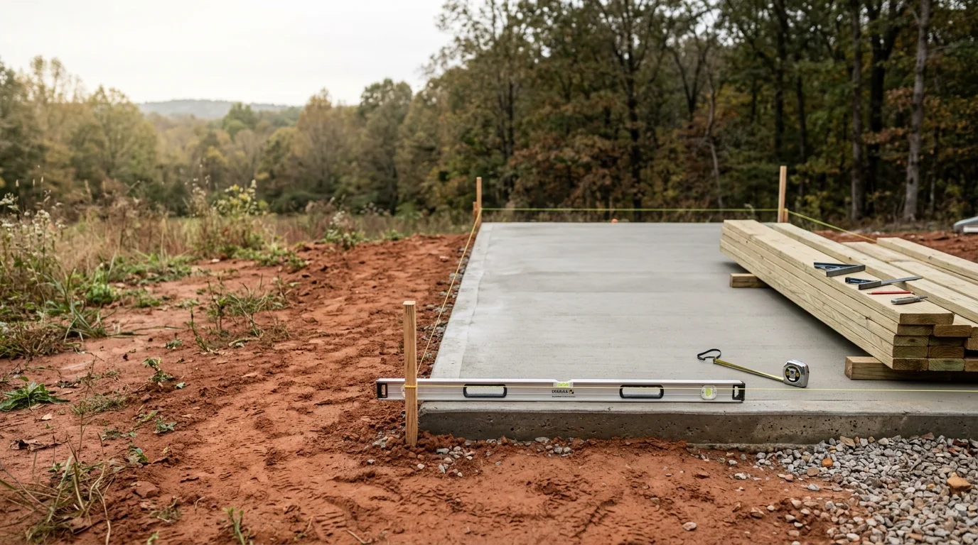 A small custom-built home on a permanent foundation on a rural West Tennessee lot, showing a completed exterior with a covered entry and natural surroundings. The structure reflects a foundation-built tiny house designed for full-time residential use in the Selmer area.