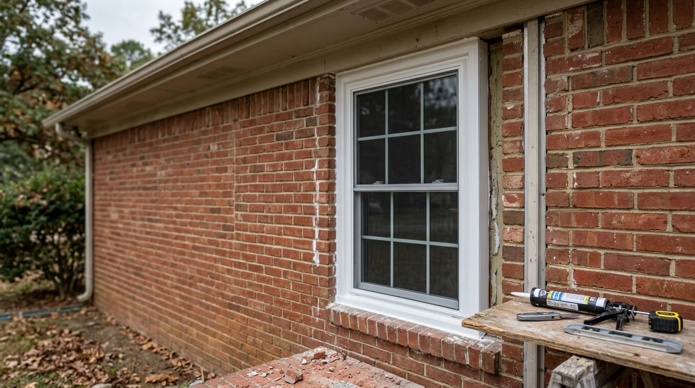 A freshly installed replacement window on a single-family home in Selmer, Tennessee, with clean trim and a tight seal visible around the frame. The exterior shows a typical West Tennessee residential property on a clear day.